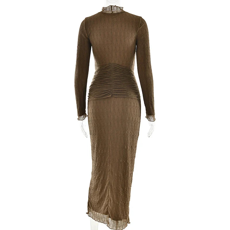 שמלת מקסי כיווצים בעיטור קשירה צווארון גולף - הלסי