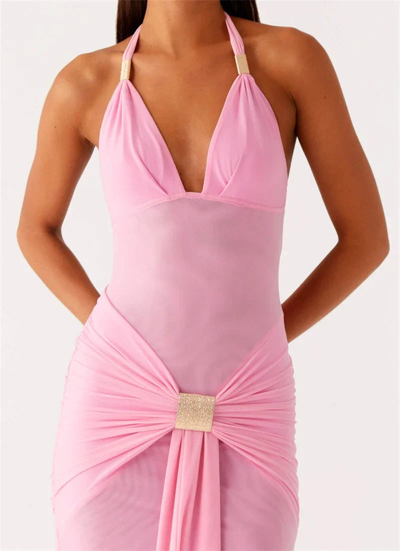 Maxi dress with a buckle design and open back - Tzahala