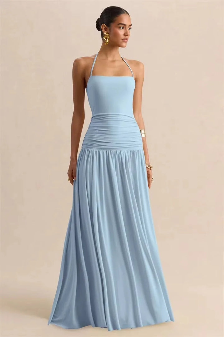 Pleated maxi dress with a neck tie and open back - Tuval