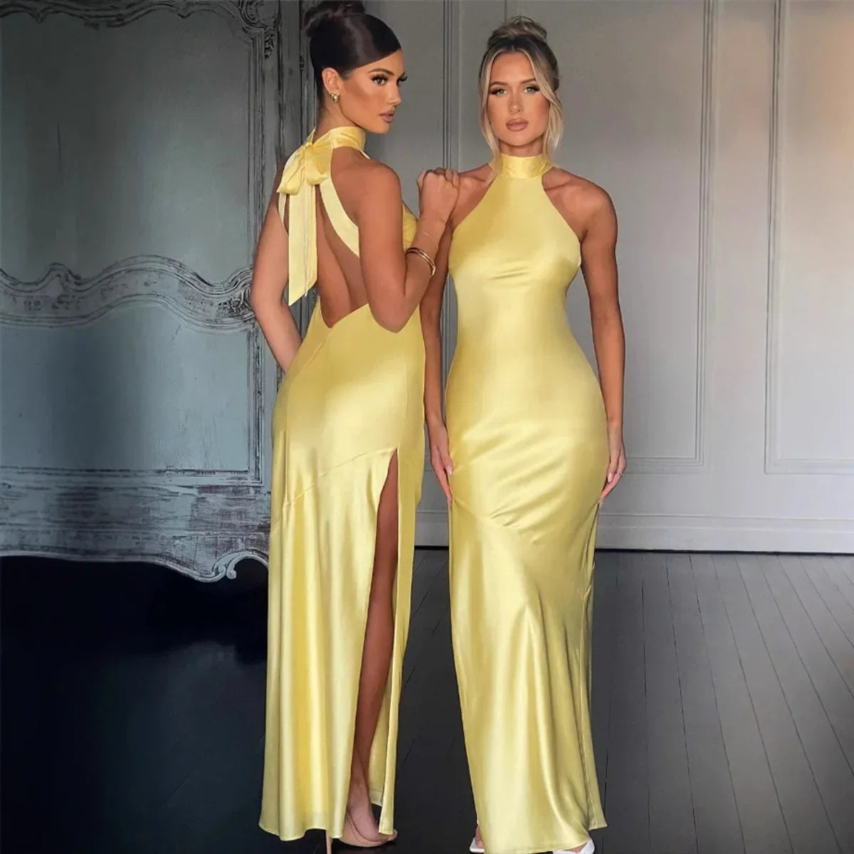 שמלת סאטן מקסי קולר בעיטור שסע - אמארי