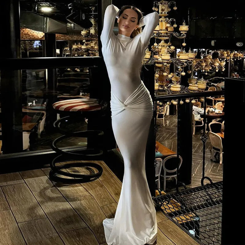 שמלת מקסי צווארון גולף גב פתוח בעיטור כיווצים - אילאיל