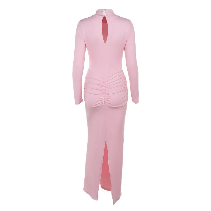 שמלת מקסי גולף בעיטור כיווצים - ורדית