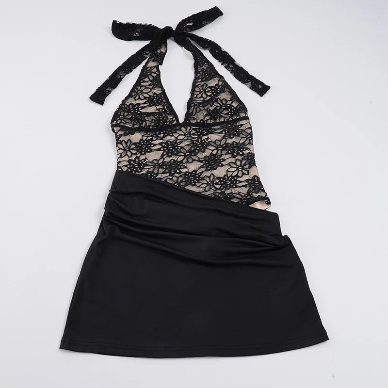 Pleated mini dress in lace bodysuit design - LISS