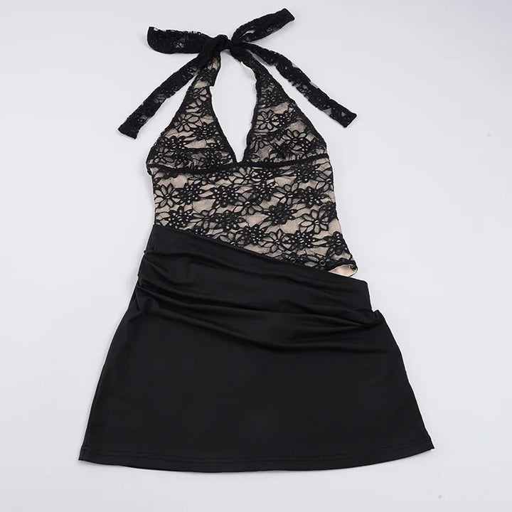 Pleated mini dress in lace bodysuit design - LISS