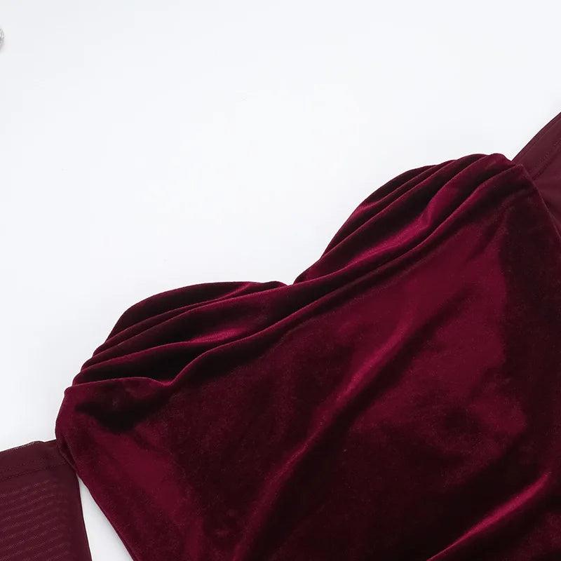 שמלת מידי קטיפה בעיטור קיפולים כתפיים חשופות שרוולי רשת - Johanna