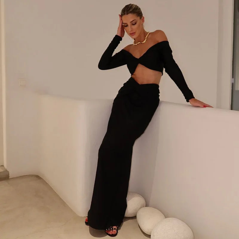 סט שני חלקים בעיצוב כיווצים חצאית מקסי וטופ כתפיים חשופות - Kailani