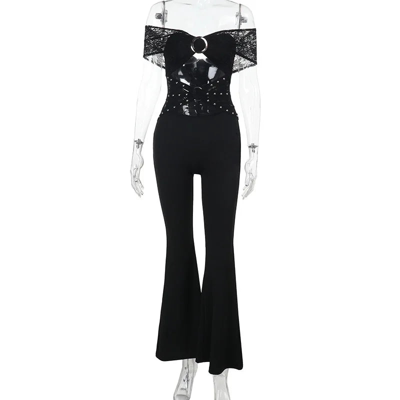 אוברול ארוך בעיצוב פתח וכתפיים חשופות בעיטור תחרה ניטים - קרוליין