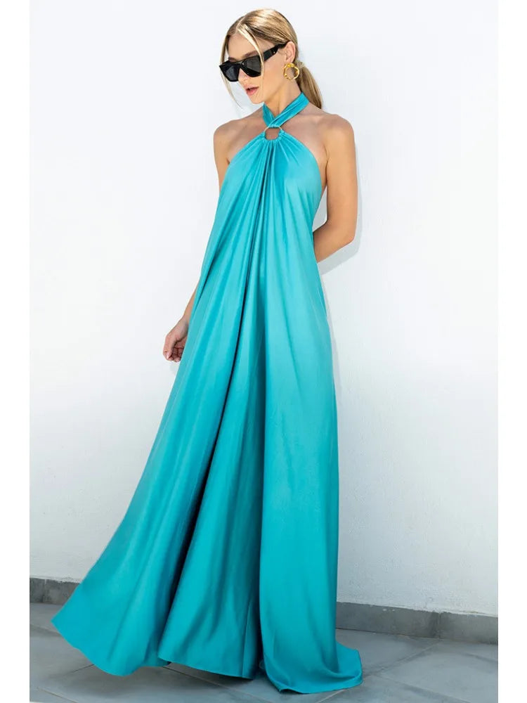 שמלת מקסי סאטן קשירה בצוואר בעיצוב בוהו - טורקיז