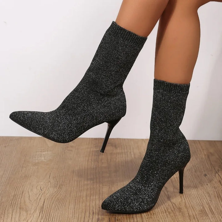 Glitter Pointed Toe Sock Boots - Ashley