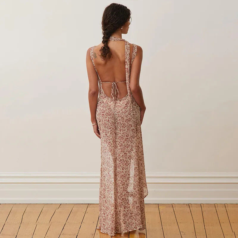 שמלת מקסי פרחונית גב פתוח שסע בתוספת צעיף - אליי