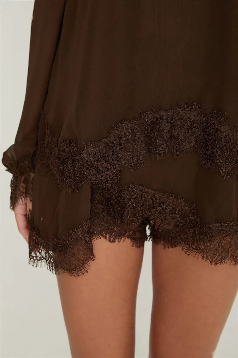 Off-the-shoulder mini dress with lace trim and matching shorts - Mali