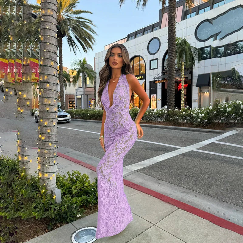 שמלת מקסי תחרה גב פתוח צווארון נופל - וניליה