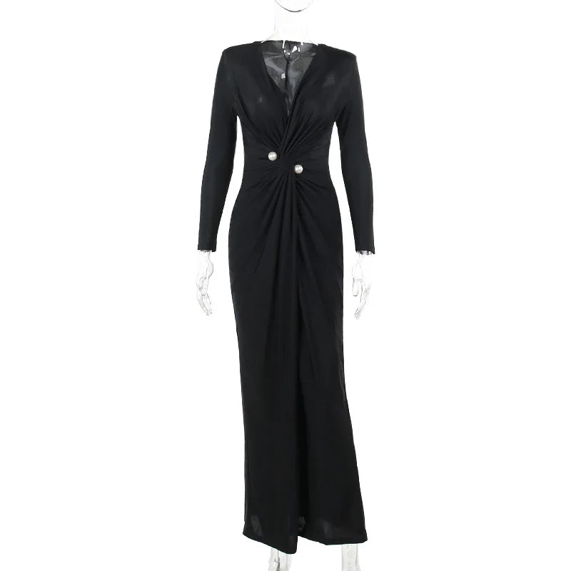Deep Slit Wrap Maxi Evening Dress with Pearl Embellishment - Simona