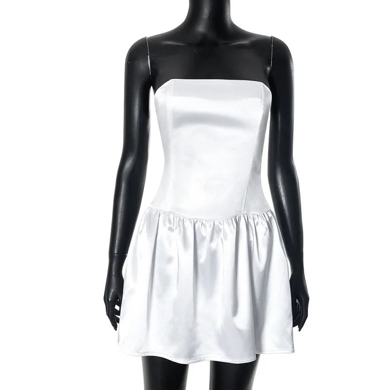 שמלת מיני סטרפלס סאטן קשירות בגב - מילי