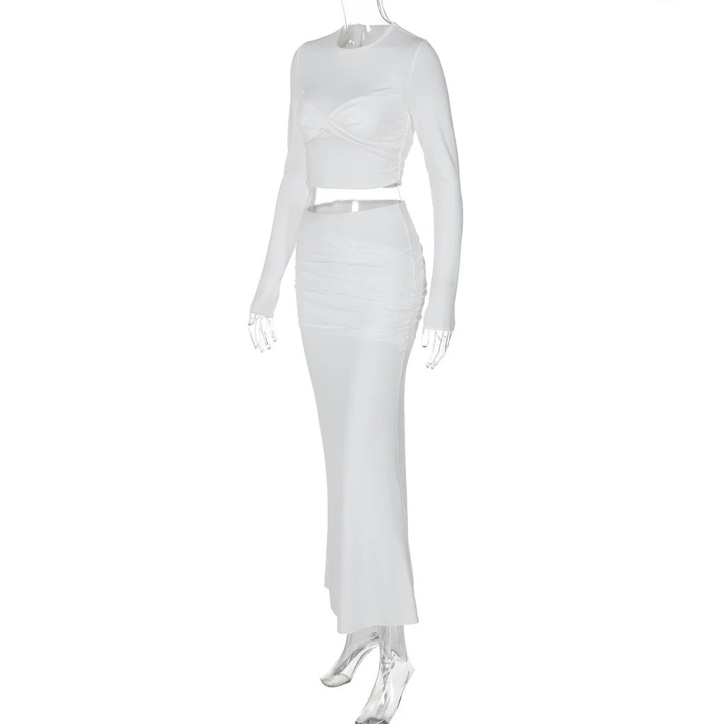 סט שני חלקים בעיצוב כיווצים חולצת טופ וחצאית מקסי - יהל