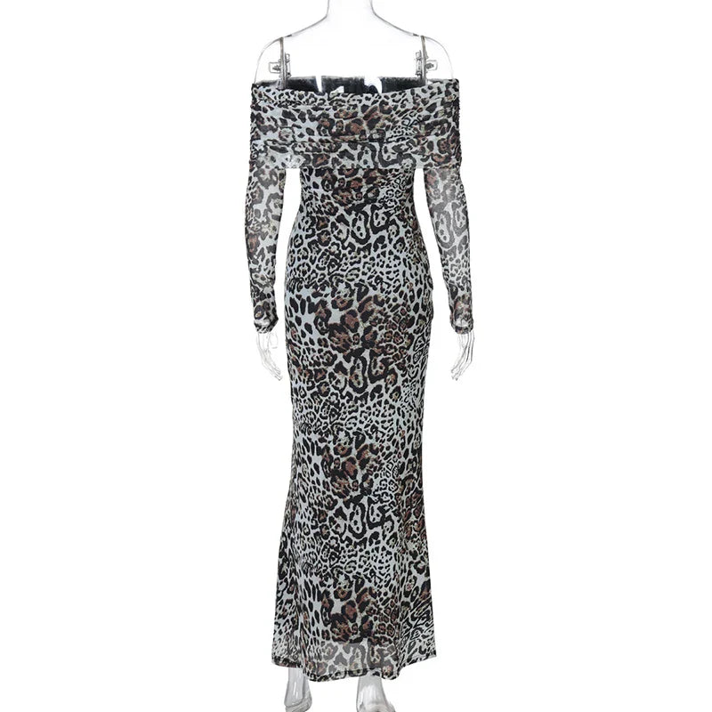 שמלת מקסי מנומרת כתפיים חשופות - ז'ני