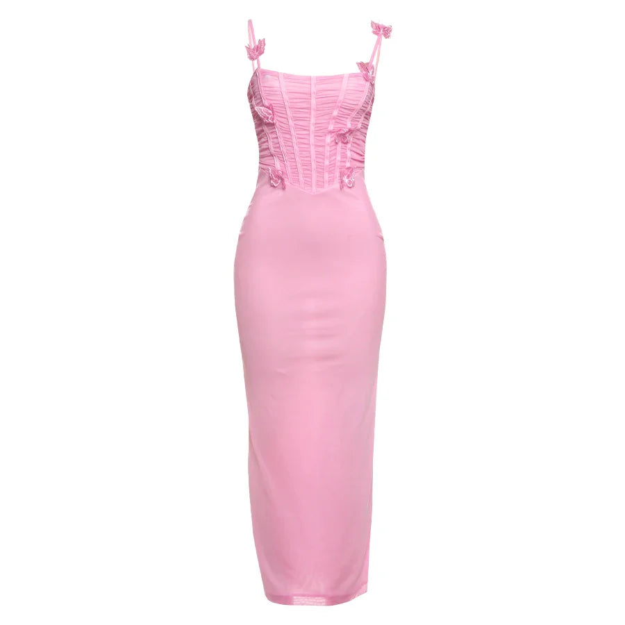 שמלת מקסי שיפון בעיצוב כיווצים ואפליקציות פרפרים - הללי