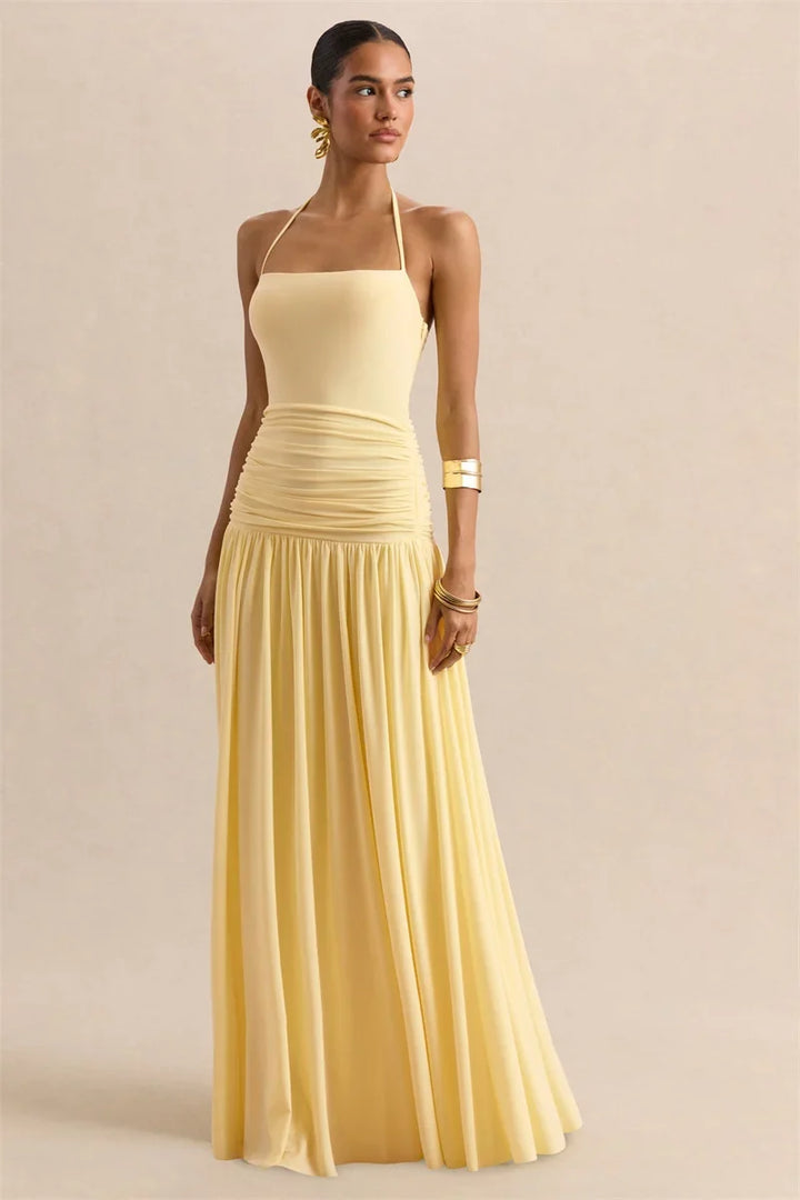 Pleated maxi dress with a neck tie and open back - Tuval