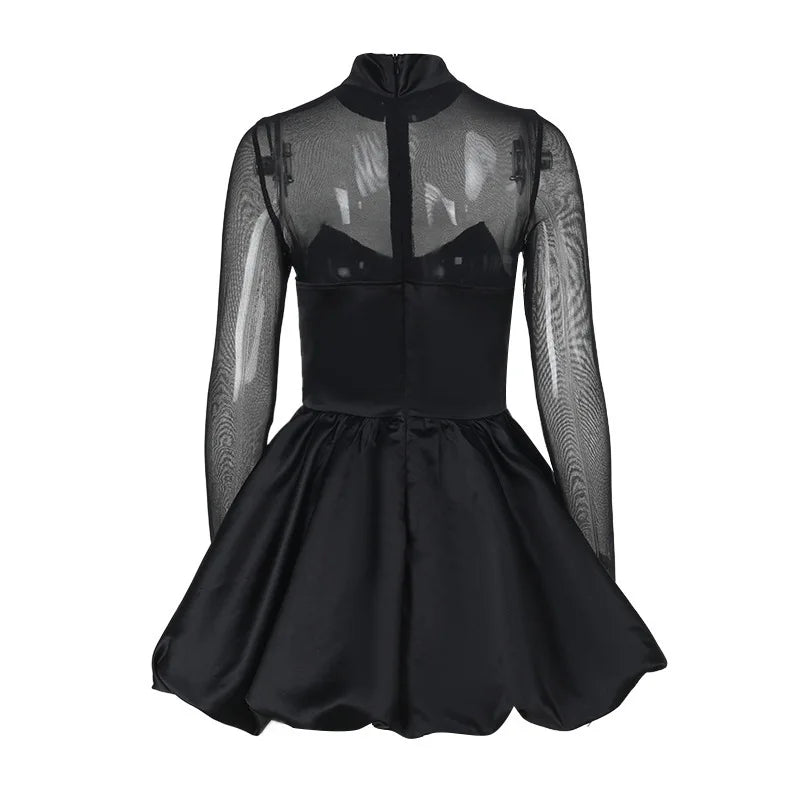 שמלת מיני בלון סאטן בעיצוב רשת צווארון חצי גולף - מורין