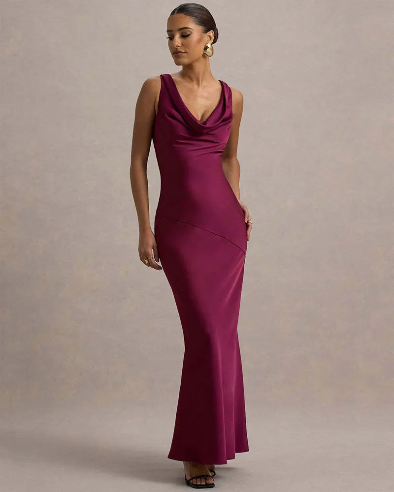 שמלת מקסי סאטן בעיצוב צווארון נופל וגב פתוח - אלקסיס