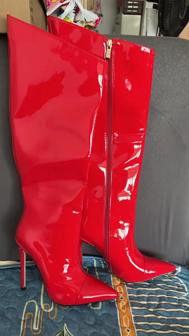 High-heeled pointed-toe boots in shiny leather design - Sloane