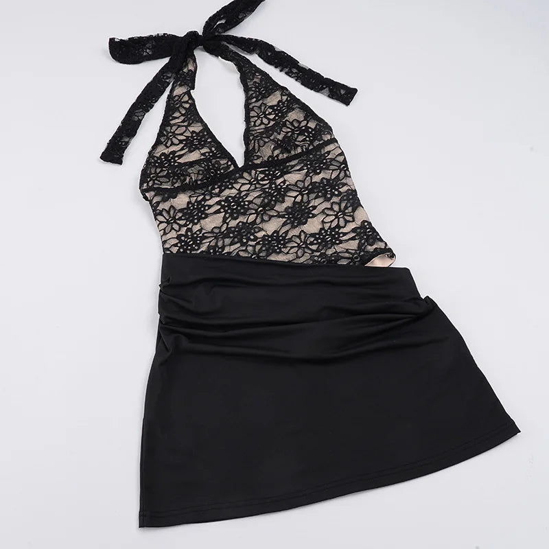 Pleated mini dress in lace bodysuit design - LISS