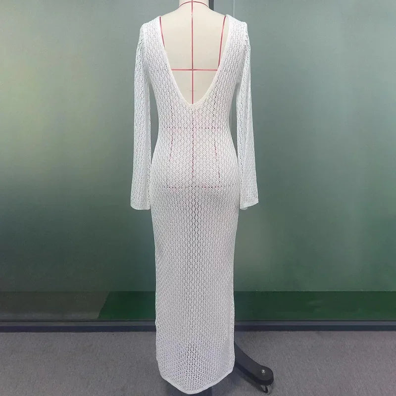 שמלת מקסי חוף סרוגה גב פתוח בעיטור סיכות פנינים - Lina