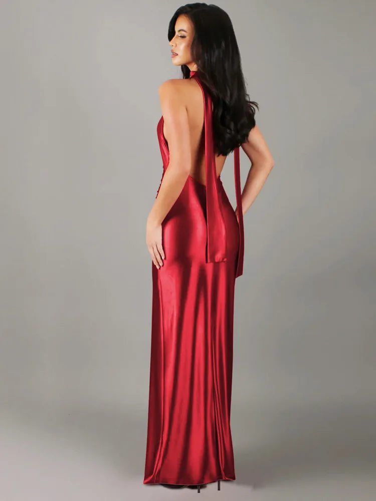 שמלת מקסי סאטן גב פתוח בעיצוב שסע בעיטור צעיף תואם - פיליסיה