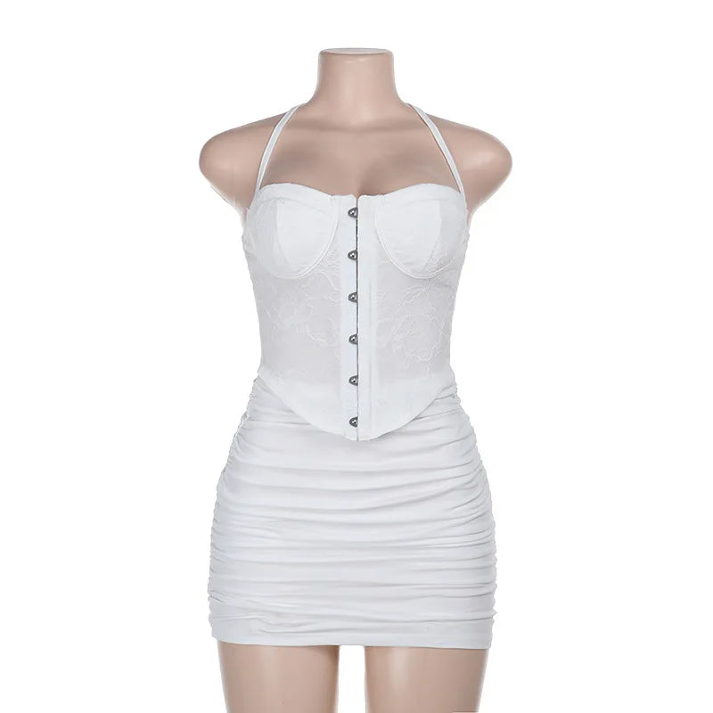 שמלת מיני כיווצים צמודה בעיצוב מחוך תחרה סגירת סיכות גב פתוח - אמילי