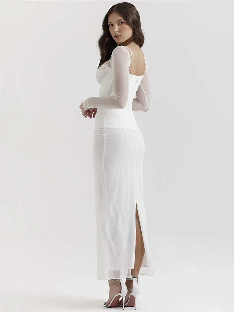 שמלת מקסי שיפון בגזרת מחוך בעיטור תחרה - סקרלט