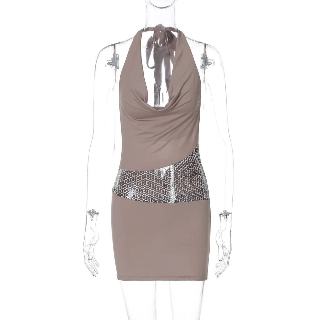 שמלת מיני צווארון נופל בעיצוב רשת זרקונים מנצנצים כיווצים בישבן קשירה בצוואר - Linda