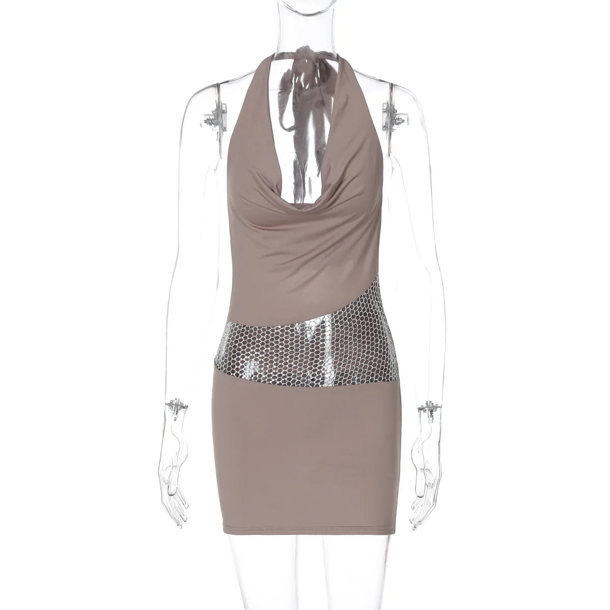 שמלת מיני צווארון נופל בעיצוב רשת זרקונים מנצנצים כיווצים בישבן קשירה בצוואר - Linda