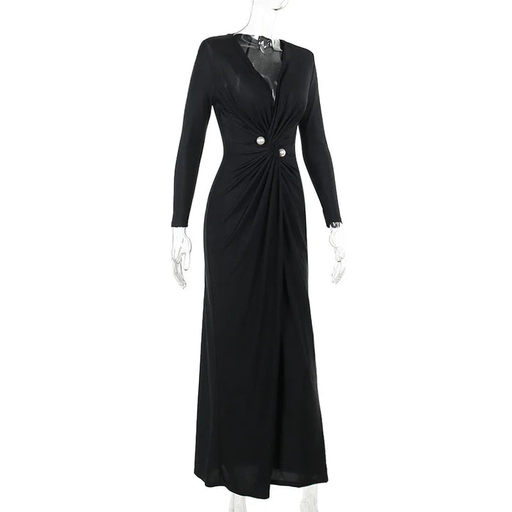 Deep Slit Wrap Maxi Evening Dress with Pearl Embellishment - Simona