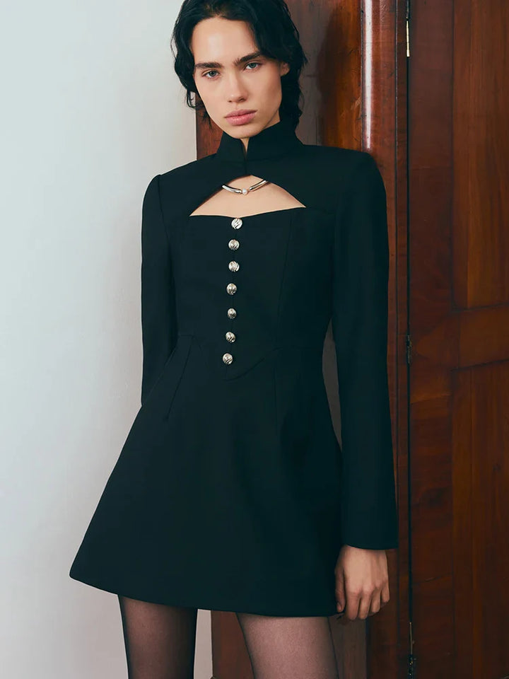 A-line tailored turtleneck mini dress with button detail - Mary Lane
