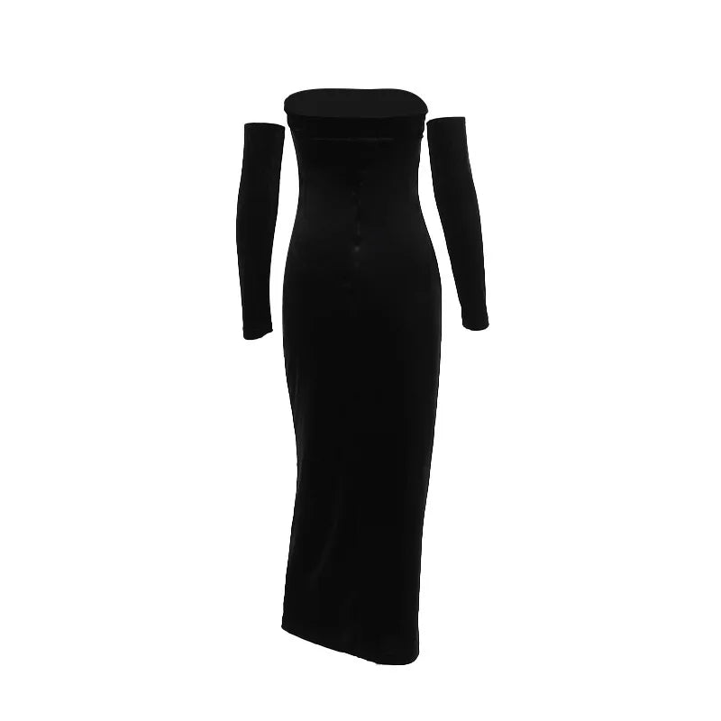 שמלת מקסי סטרפלס קטיפה צמודה  - MICAELLA