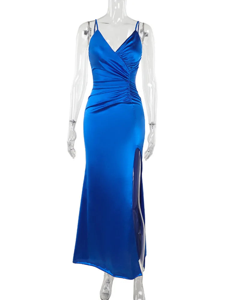 שמלת ערב מקסי סאטן בעיצוב כיווצים ושסע - קריסטי