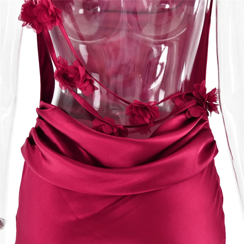 שמלת מקסי סאטן בעיטור רצועות פרחים בגב - ולנסיה