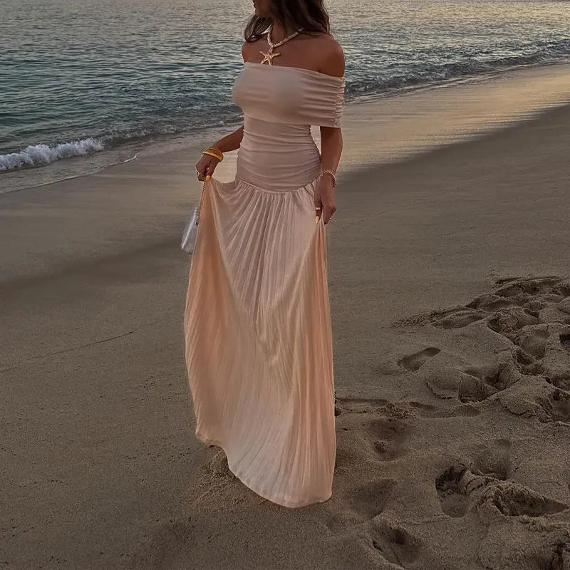 שמלת מקסי סרוגה כיווצים אלגנטית כתפיים חשופות - אלינור