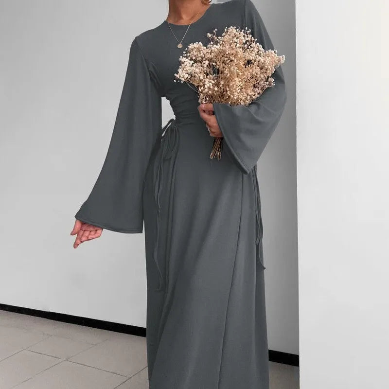 שמלת מקסי סרוגה צנועה בגזרת A קשירות במותן - לירי