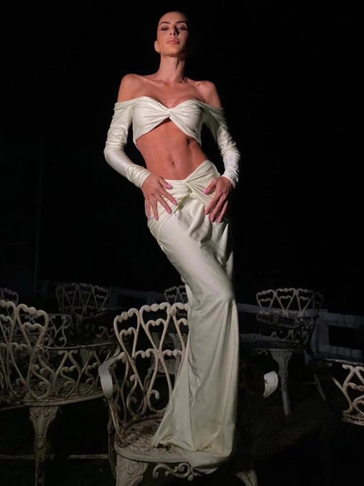 סט שני חלקים בעיצוב כיווצים חצאית מקסי וטופ כתפיים חשופות - Kailani