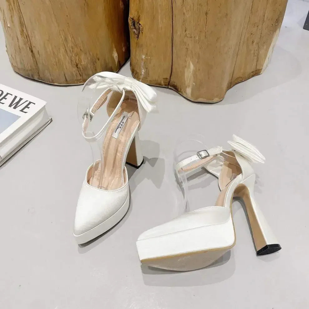 Satin Platform Heel Shoes with Bow Decoration - Doli