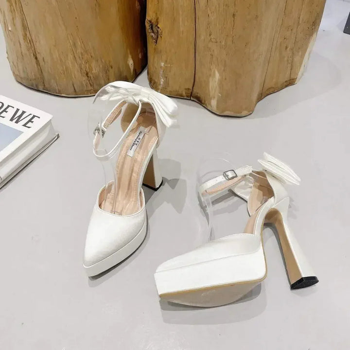 Satin Platform Heel Shoes with Bow Decoration - Doli