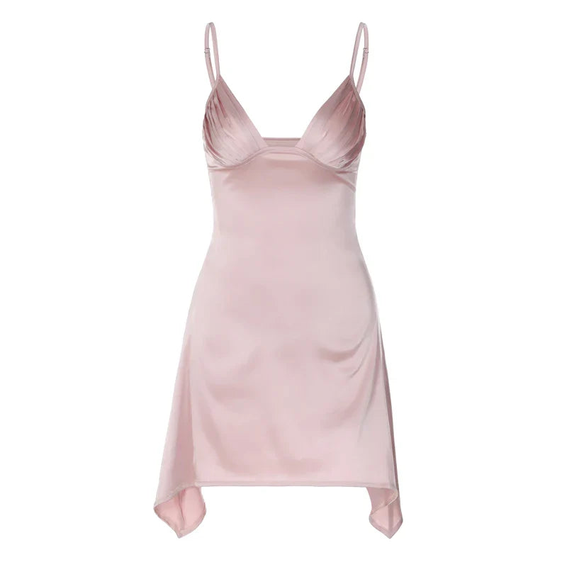 שמלת מיני סאטן בעיצוב אסימטרי כיווצים בחזה - שון