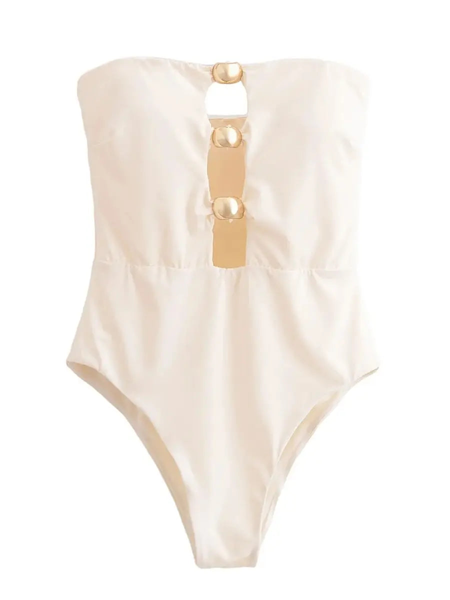 Strapless one-piece swimsuit with gold heart buckles and openings - Choshen 
