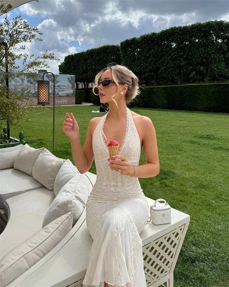 שמלת מקסי תחרה קשירה בצוואר גב פתוח - וונילה