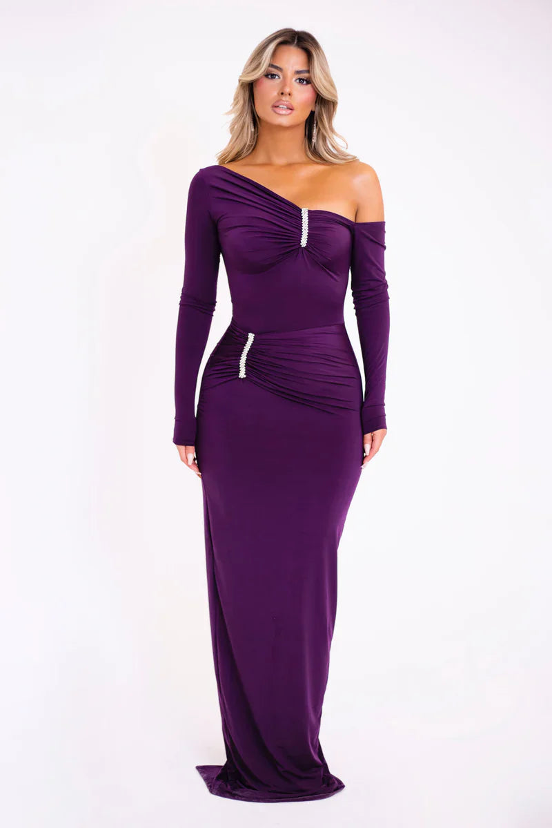 שמלת מקסי כיווצים בעיצוב כתף חשופה בעיטור אבזמי זרקונים - ELLA