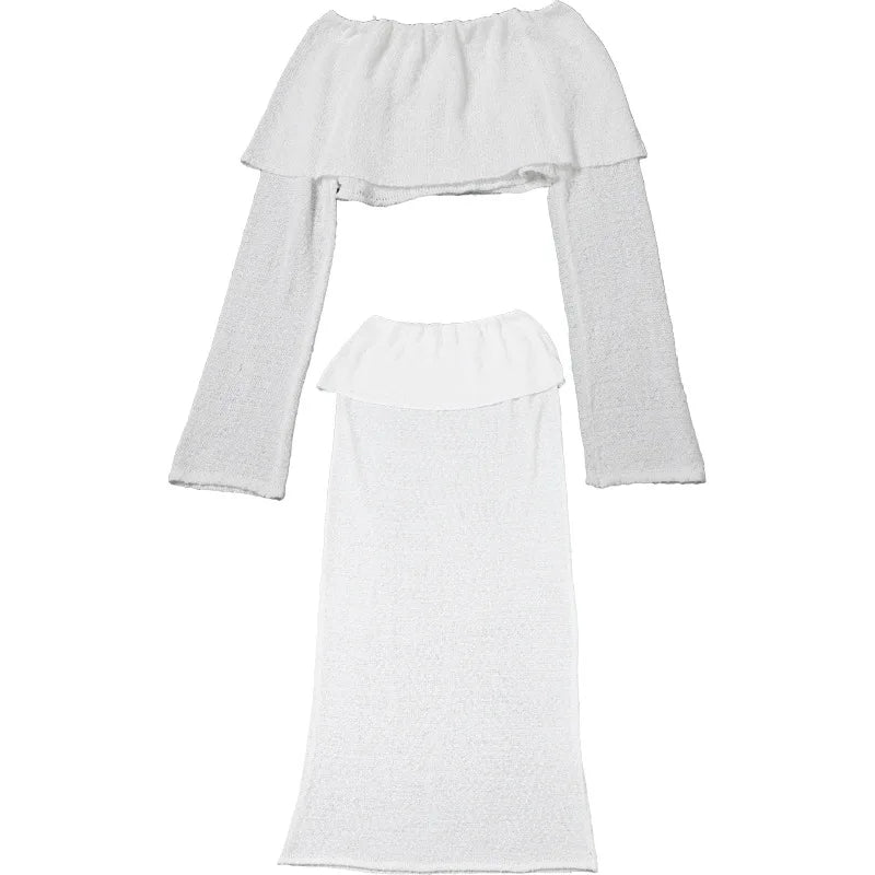 סט שני חלקים סרוג חצאית מקסי וחולצת כתפיים חשופות - עופרי