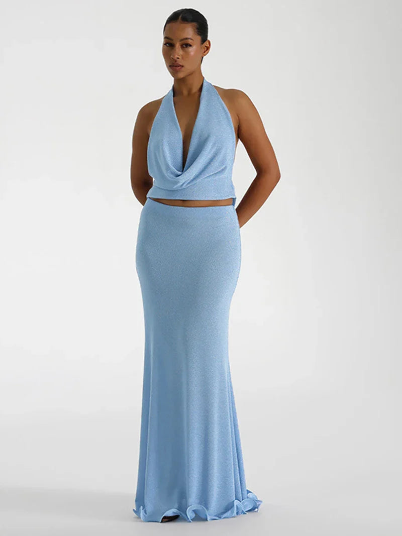 סט שני חלקים בעיצוב בד נשפך טופ צווארון נופל גב פתוח וחצאית מקסי - סקרלט