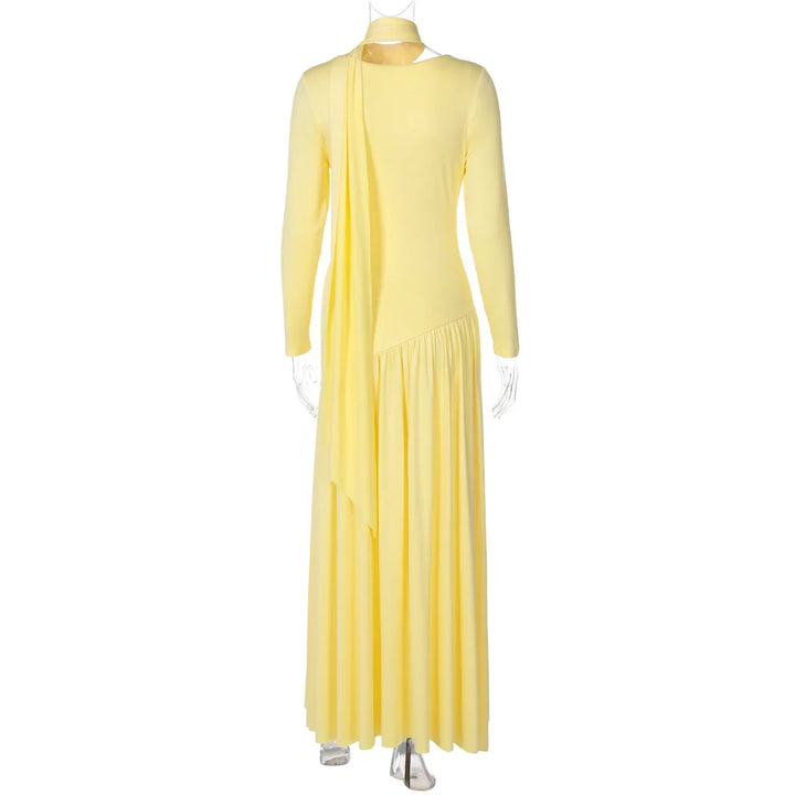 Elegant maxi dress with a slit design and a scarf decoration - RONA LI