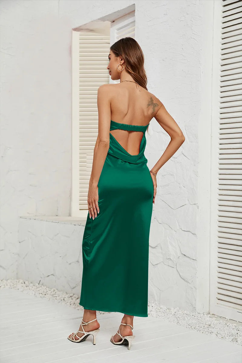 שמלת מקסי סטרפלס סאטן גב פתוח - ANATALYA